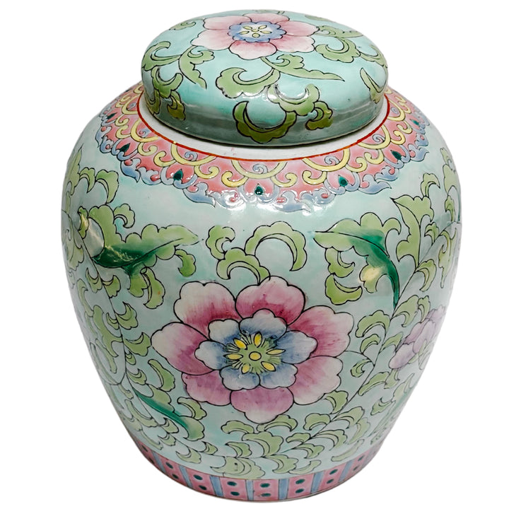 Vintage Chinese Blue & Pink Peony Floral Ginger Jar