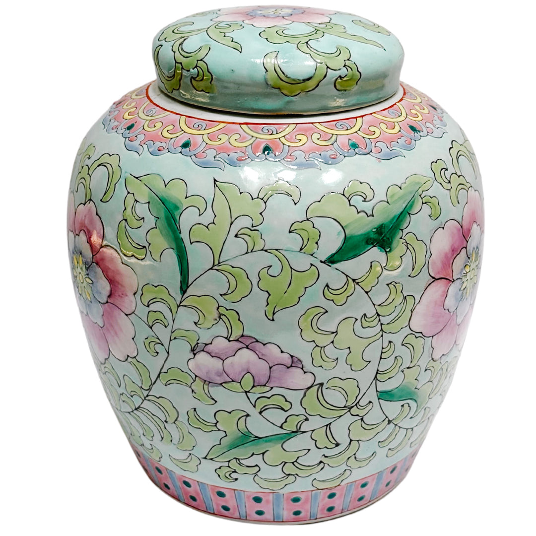 Vintage Chinese Blue & Pink Peony Floral Ginger Jar