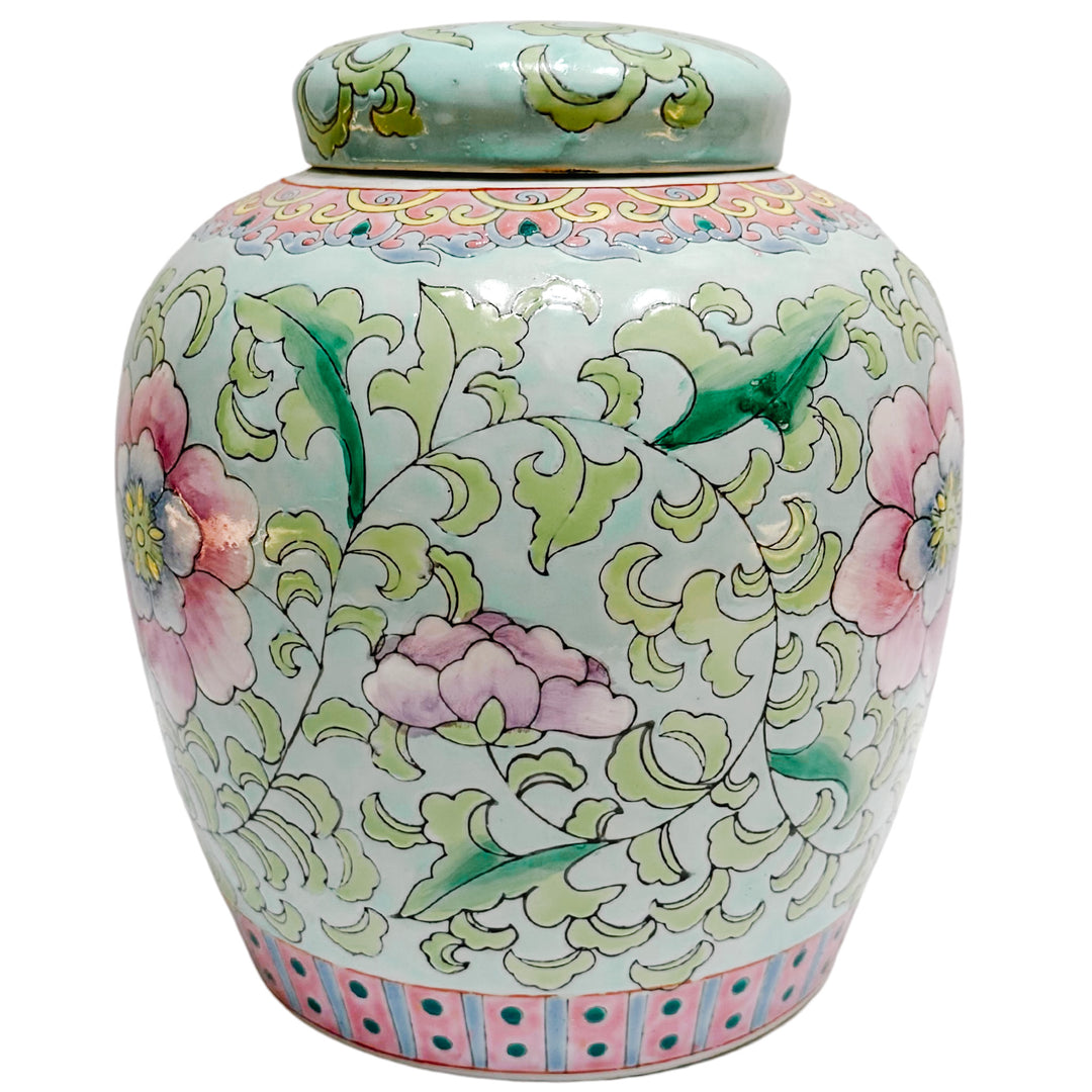 Vintage Chinese Blue & Pink Peony Floral Ginger Jar