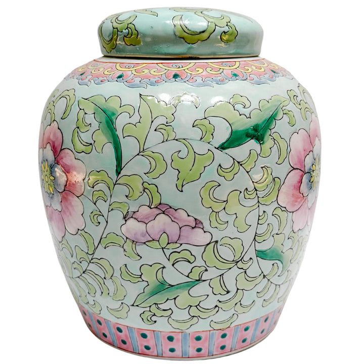 Vintage Chinese Blue & Pink Peony Floral Ginger Jar