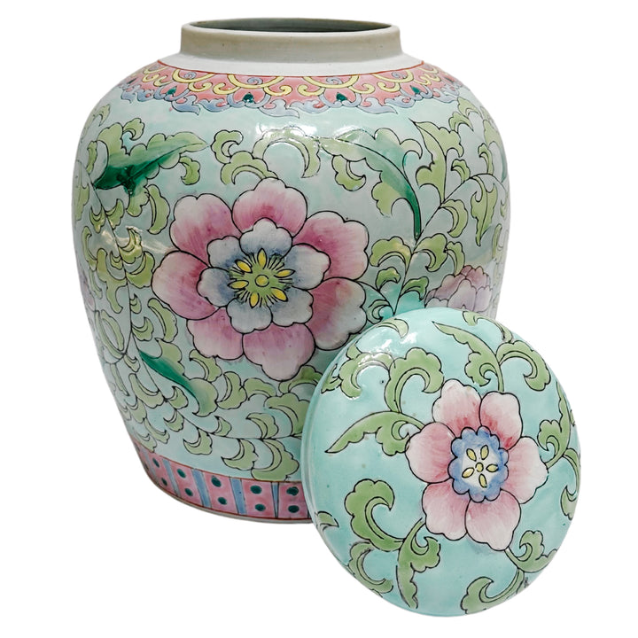 Vintage Chinese Blue & Pink Peony Floral Ginger Jar