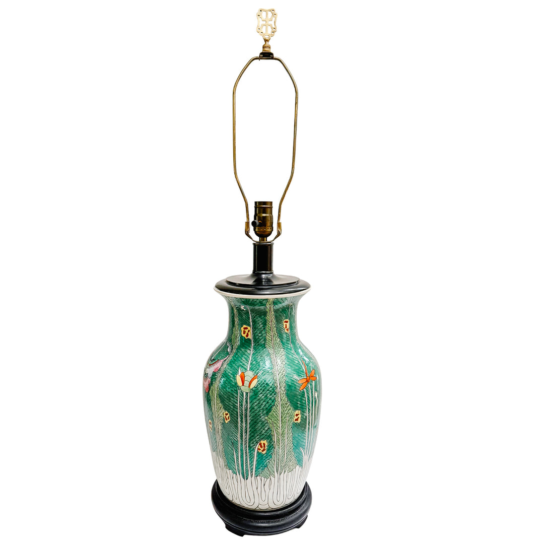 Vintage Chinese Famille Verte Bok Choy Table Lamp with Longevity Finial