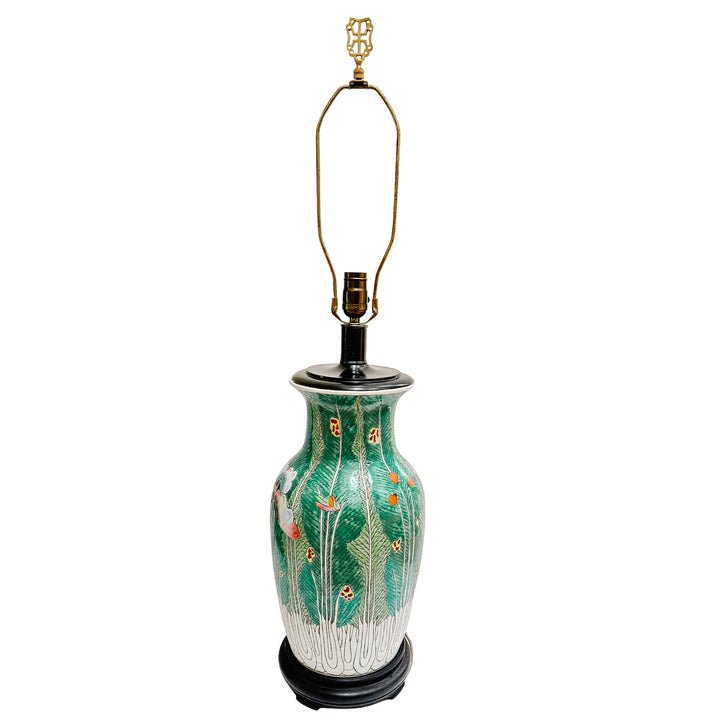 Vintage Chinese Famille Verte Bok Choy Table Lamp with Longevity Finial