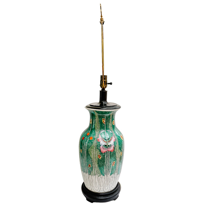 Vintage Chinese Famille Verte Bok Choy Table Lamp with Longevity Finial