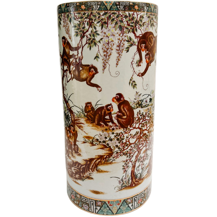 Vintage Chinese Chinoiserie Monkeys Umbrella Stand