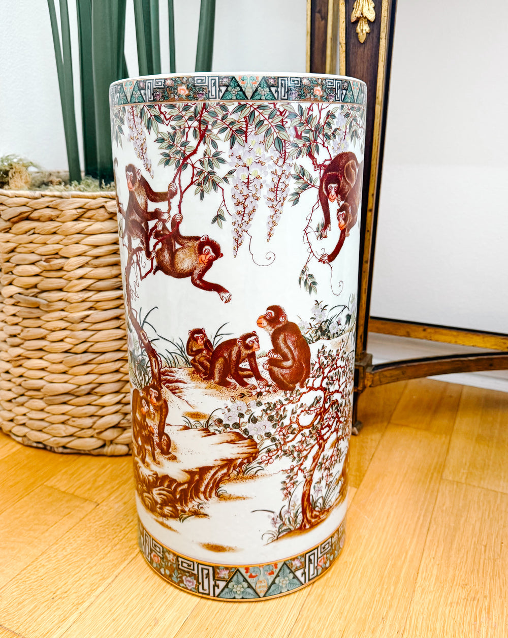 Vintage Chinese Chinoiserie Monkeys Umbrella Stand