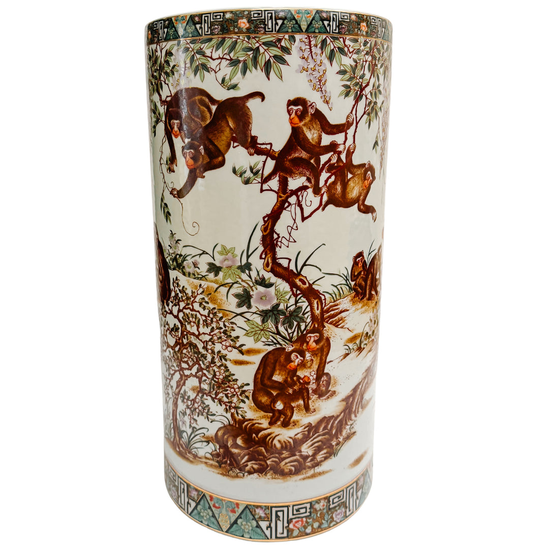 Vintage Chinese Chinoiserie Monkeys Umbrella Stand