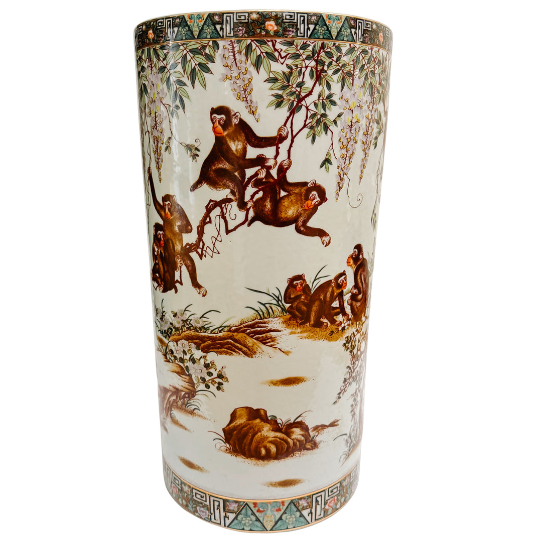 Vintage Chinese Chinoiserie Monkeys Umbrella Stand