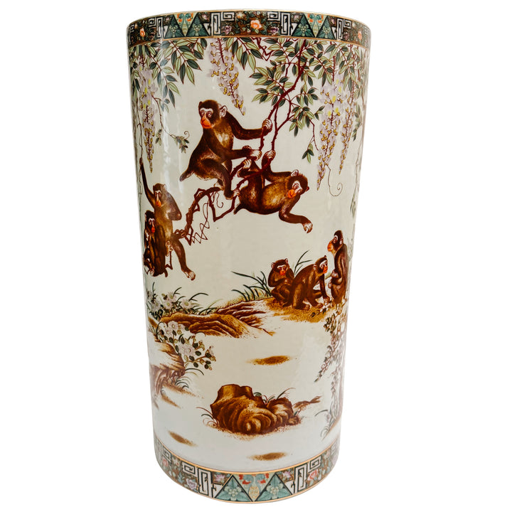 Vintage Chinese Chinoiserie Monkeys Umbrella Stand