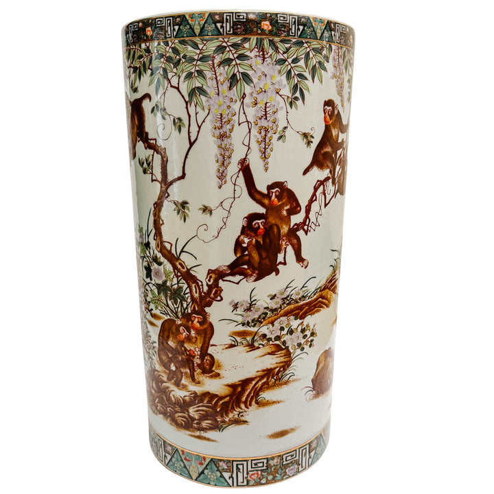 Vintage Chinese Chinoiserie Monkeys Umbrella Stand