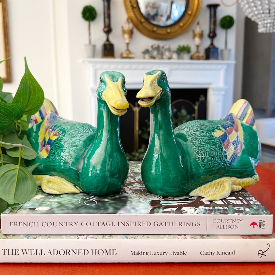 Mid-Century Chinese Emerald Green Glazed Ceramic Duck Figurines