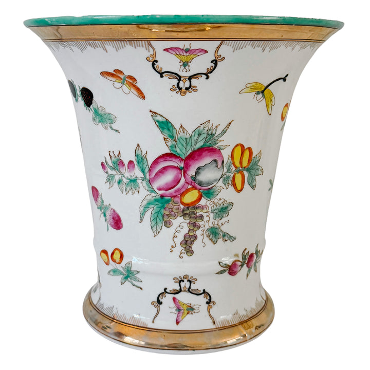 Vintage Chinese Export Porcelain Cachepot – Botanical Fruit & Butterflies Motif With Gilt Trim