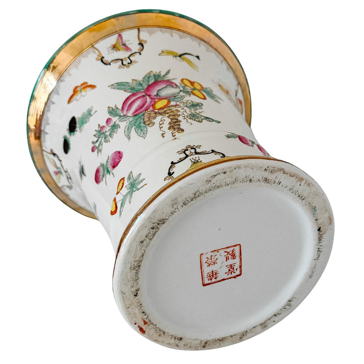 Vintage Chinese Export Porcelain Cachepot – Botanical Fruit & Butterflies Motif With Gilt Trim