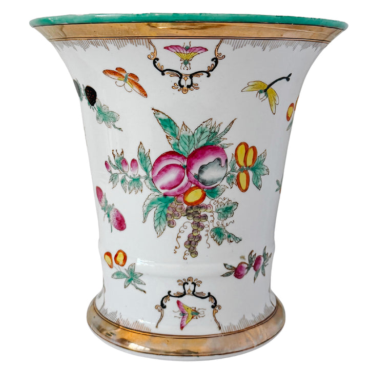 Vintage Chinese Export Porcelain Cachepot – Botanical Fruit & Butterflies Motif With Gilt Trim
