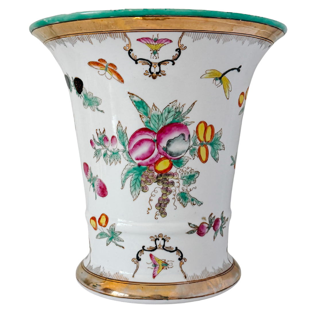 Vintage Chinese Export Porcelain Cachepot – Botanical Fruit & Butterflies Motif With Gilt Trim
