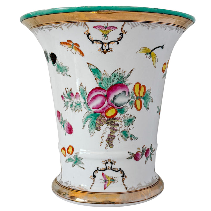 Vintage Chinese Export Porcelain Cachepot – Botanical Fruit & Butterflies Motif With Gilt Trim