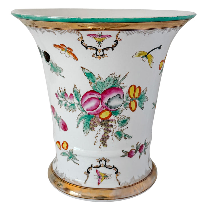 Vintage Chinese Export Porcelain Cachepot – Botanical Fruit & Butterflies Motif With Gilt Trim