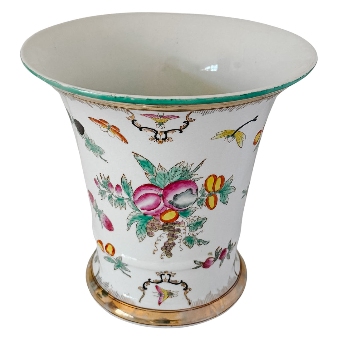 Vintage Chinese Export Porcelain Cachepot – Botanical Fruit & Butterflies Motif With Gilt Trim