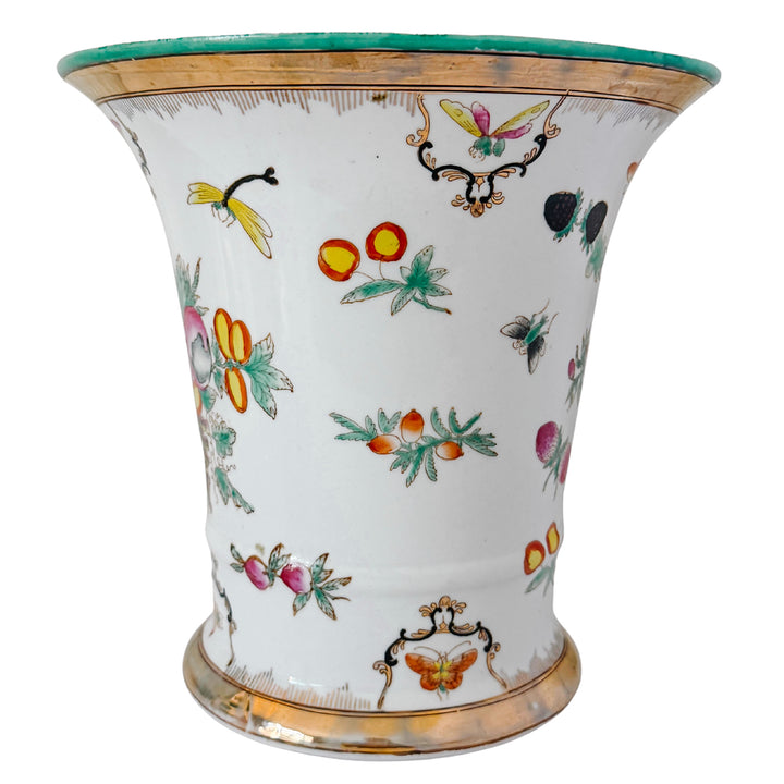 Vintage Chinese Export Porcelain Cachepot – Botanical Fruit & Butterflies Motif With Gilt Trim