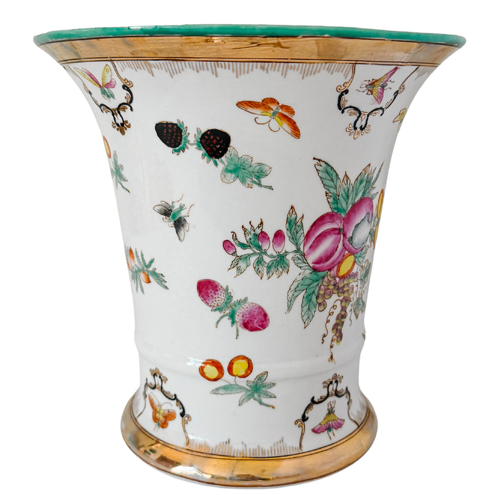Vintage Chinese Export Porcelain Cachepot – Botanical Fruit & Butterflies Motif With Gilt Trim