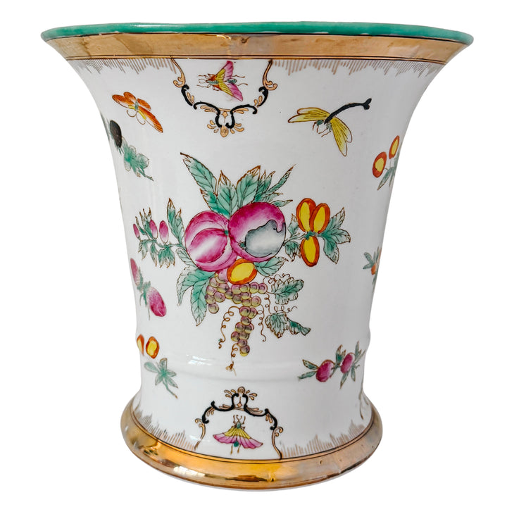 Vintage Chinese Export Porcelain Cachepot – Botanical Fruit & Butterflies Motif With Gilt Trim