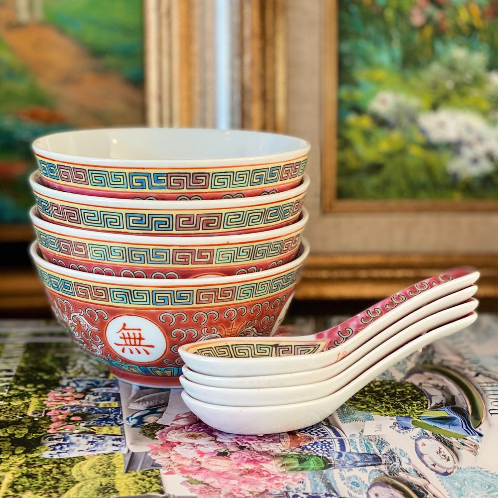 Vintage Chinese Red Enamel Rice Bowls With Spoons