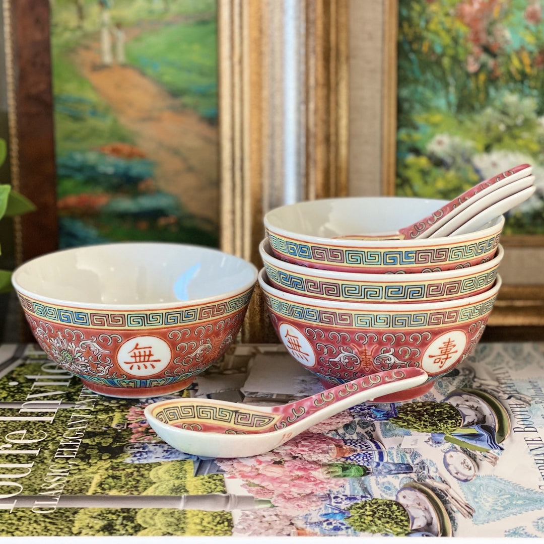 Vintage Chinese Red Enamel Rice Bowls With Spoons