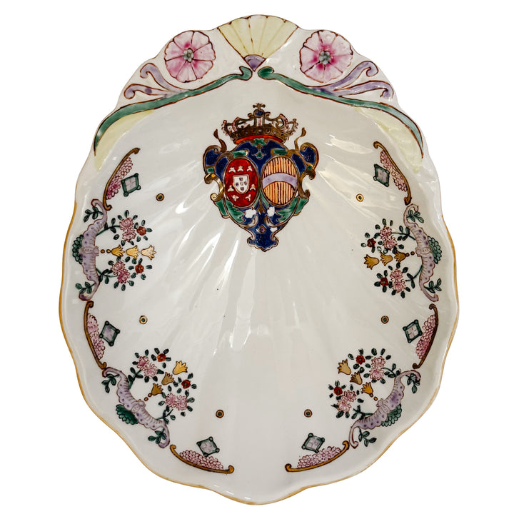 Vintage Chinese Export Style Armorial Scalloped Shell Dish with Royal Coat of Arms
