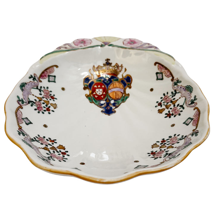 Vintage Chinese Export Style Armorial Scalloped Shell Dish with Royal Coat of Arms