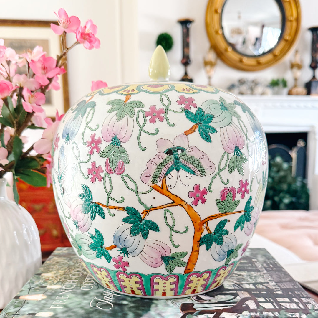Vintage Chinese Famille Rose Butterfly Melon Jar
