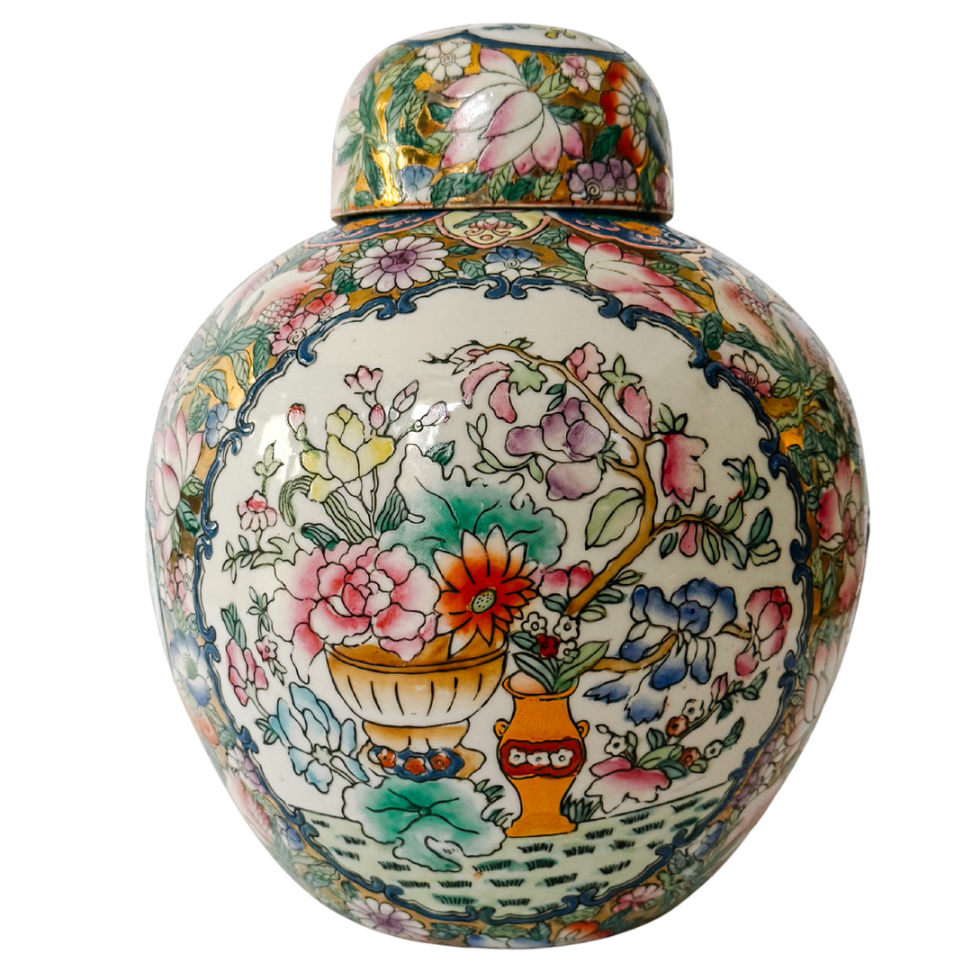 Vintage Gold Mirrored Chinese Famille Rose Lidded Ginger Jar