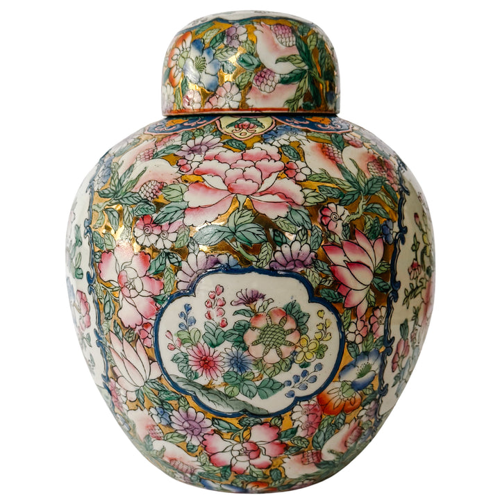 Vintage Gold Mirrored Chinese Famille Rose Lidded Ginger Jar
