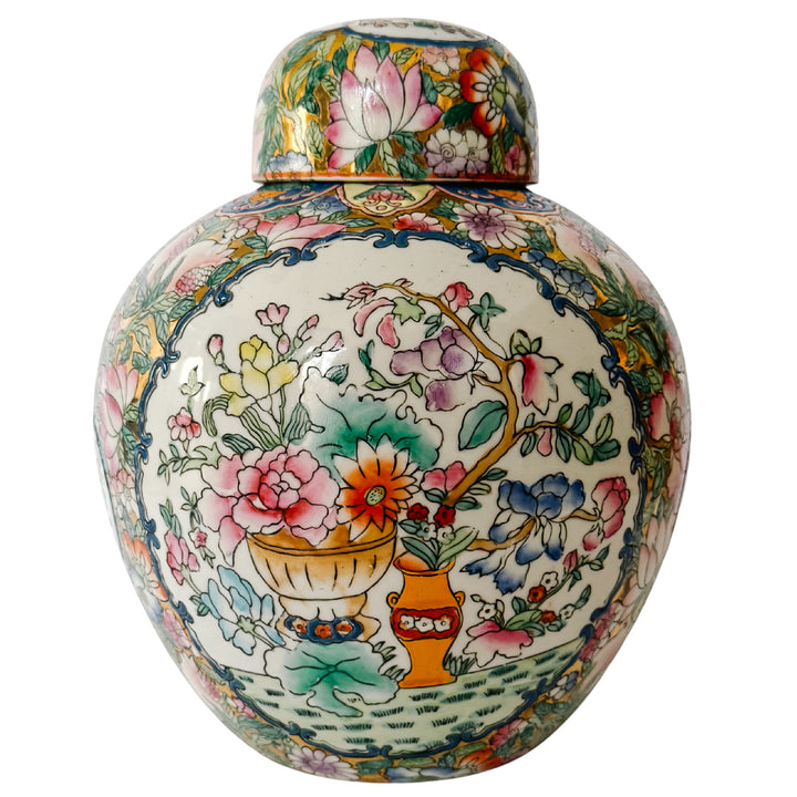 Vintage Gold Mirrored Chinese Famille Rose Lidded Ginger Jar