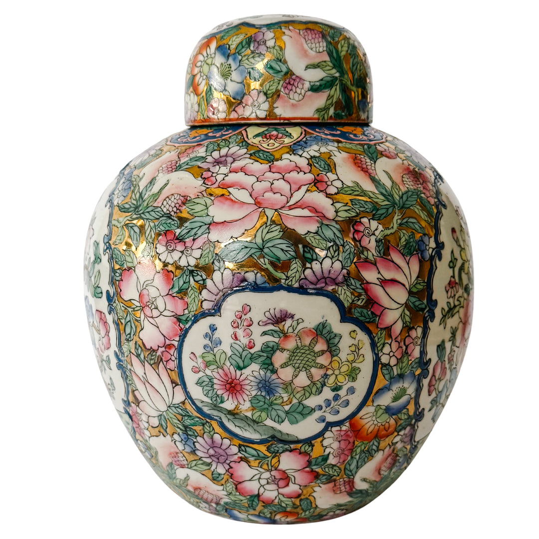 Vintage Gold Mirrored Chinese Famille Rose Lidded Ginger Jar