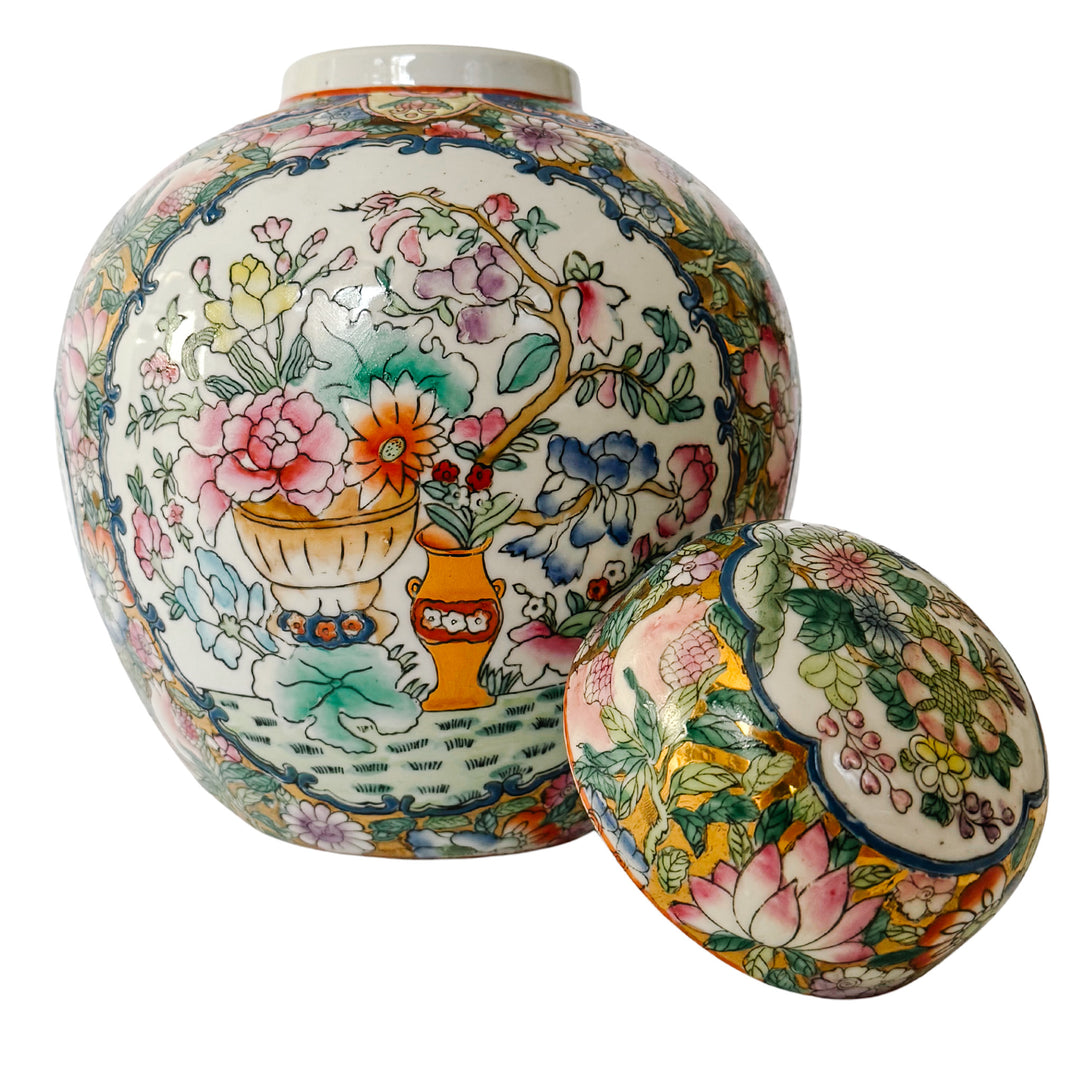 Vintage Gold Mirrored Chinese Famille Rose Lidded Ginger Jar