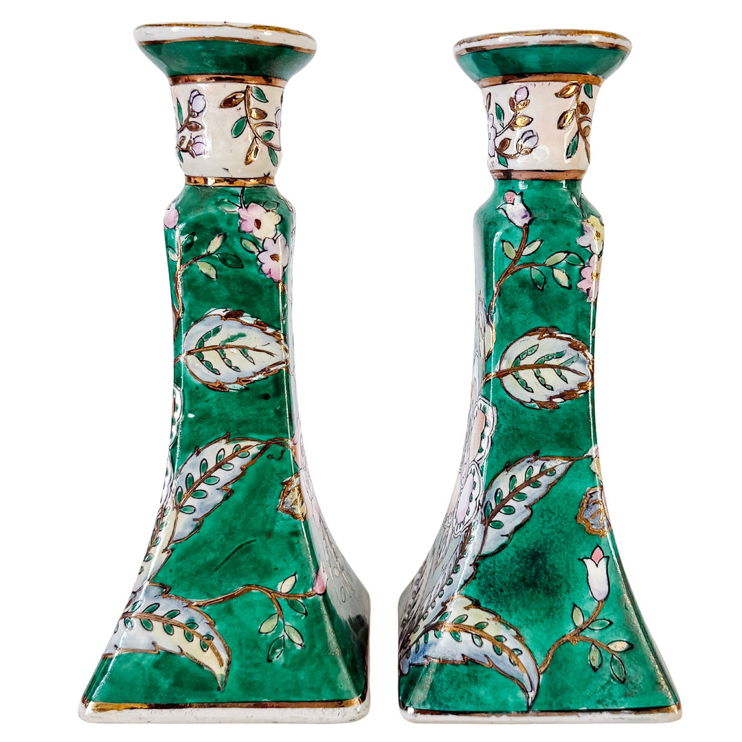 Vintage Chinese Famille Verte Floral Porcelain Candlesticks