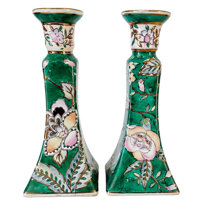 Vintage Chinese Famille Verte Floral Porcelain Candlesticks