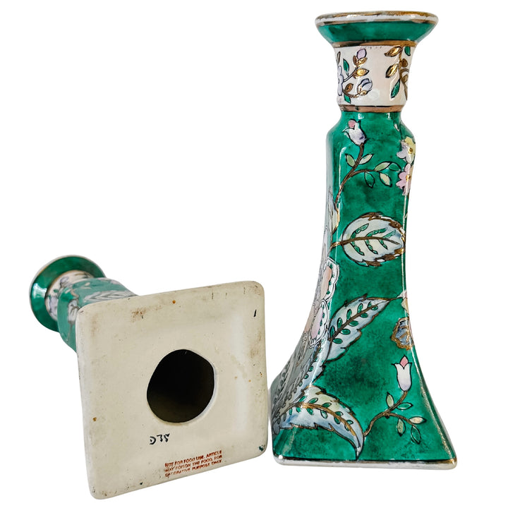 Vintage Chinese Famille Verte Floral Porcelain Candlesticks