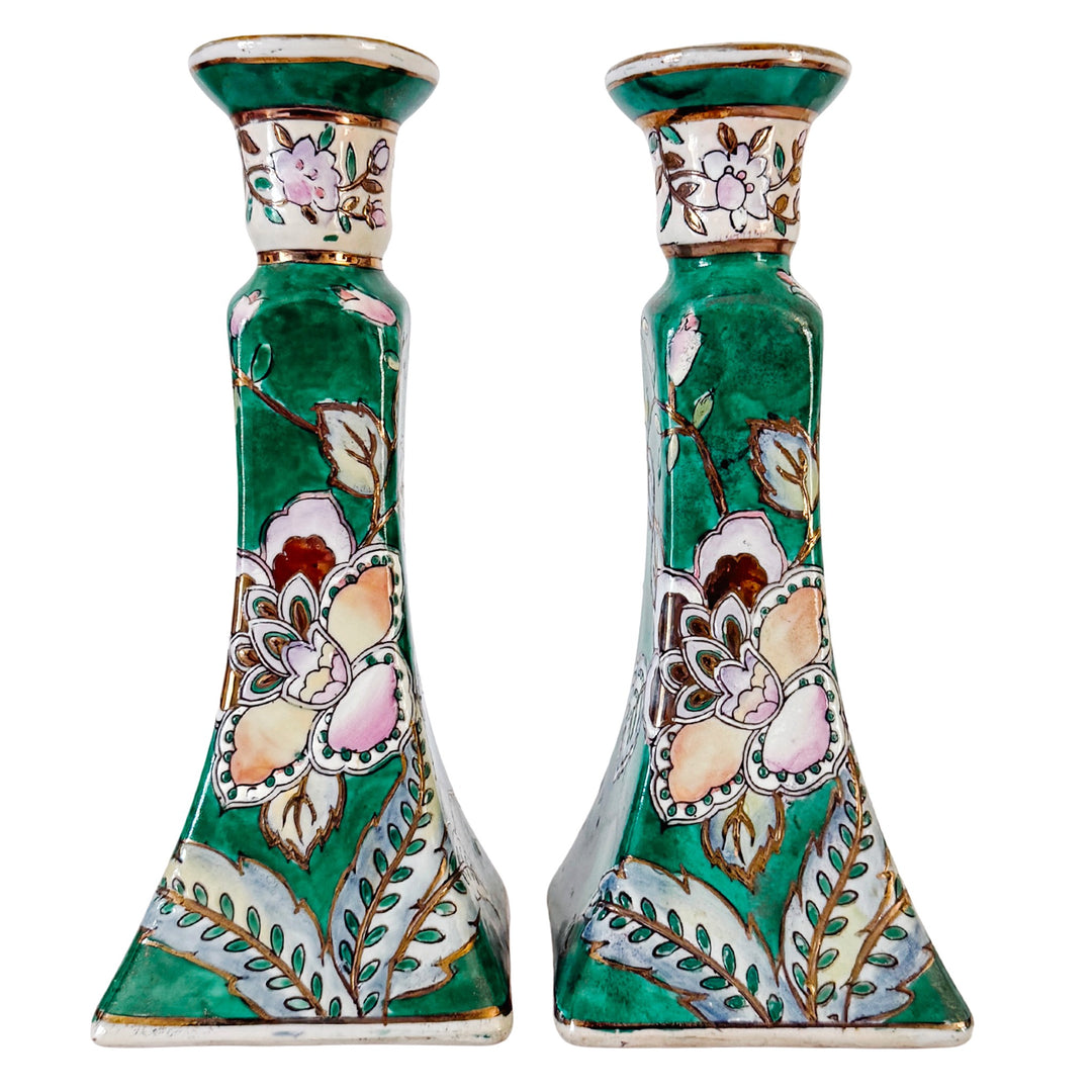 Vintage Chinese Famille Verte Floral Porcelain Candlesticks