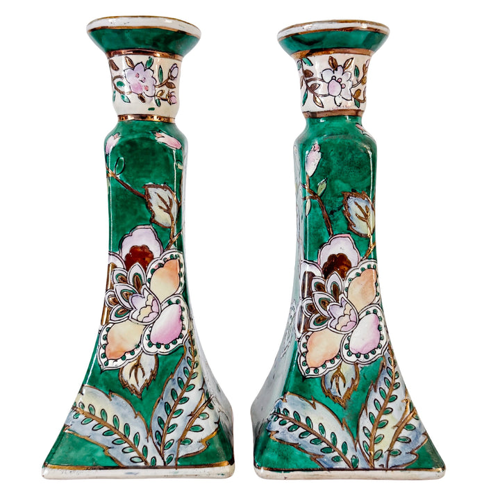 Vintage Chinese Famille Verte Floral Porcelain Candlesticks