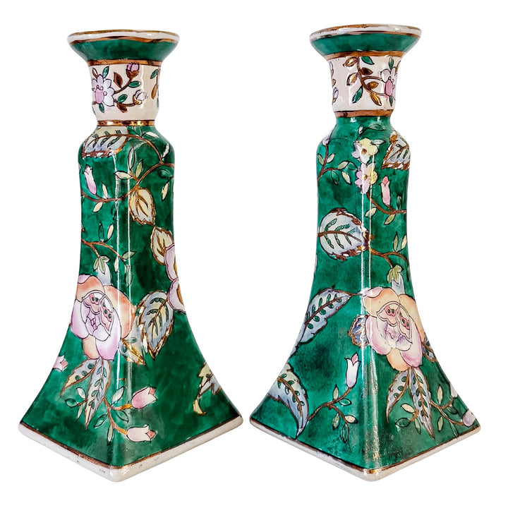 Vintage Chinese Famille Verte Floral Porcelain Candlesticks