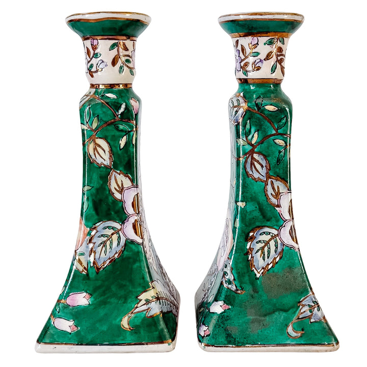 Vintage Chinese Famille Verte Floral Porcelain Candlesticks