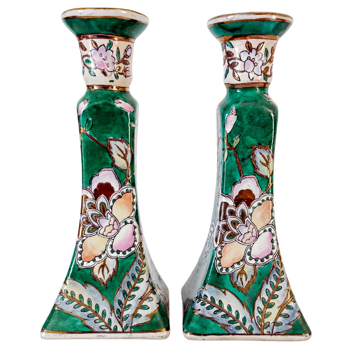 Vintage Chinese Famille Verte Floral Porcelain Candlesticks