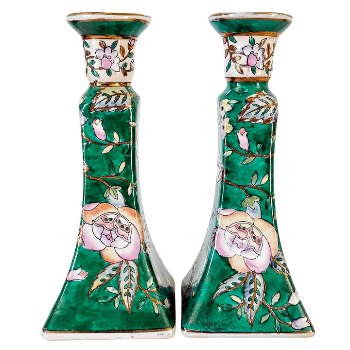 Vintage Chinese Famille Verte Floral Porcelain Candlesticks
