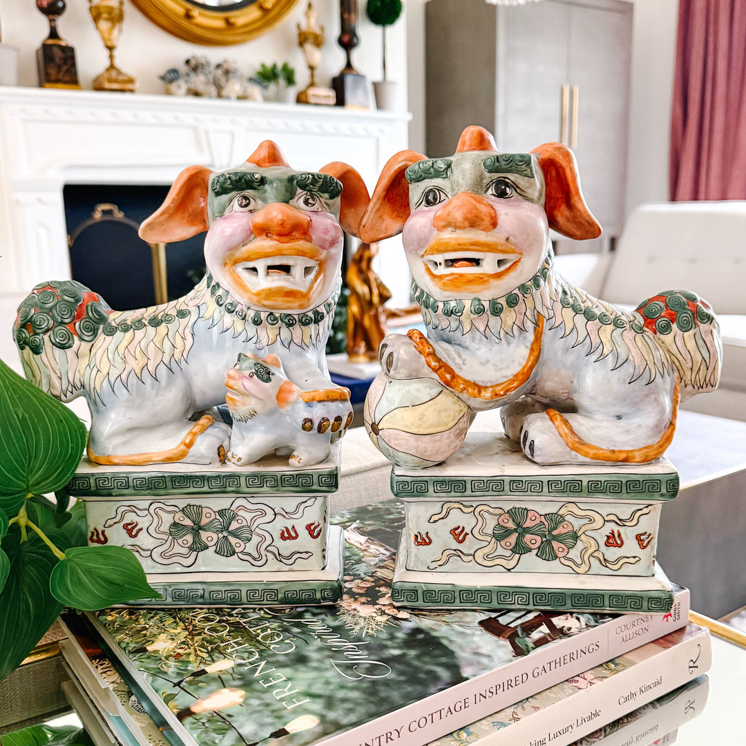 Vintage Chinese Famille Verte Style Glazed Ceramic Foo Dogs