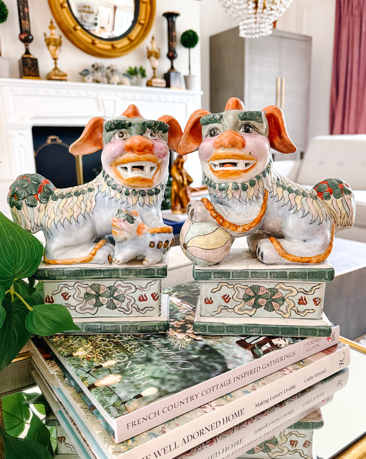 Vintage Chinese Famille Verte Style Glazed Ceramic Foo Dogs