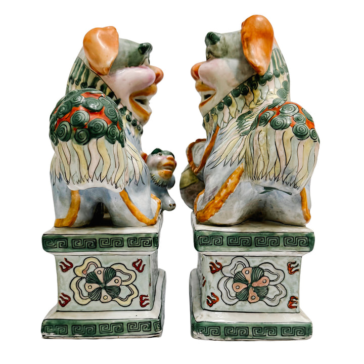 Vintage Chinese Famille Verte Style Glazed Ceramic Foo Dogs