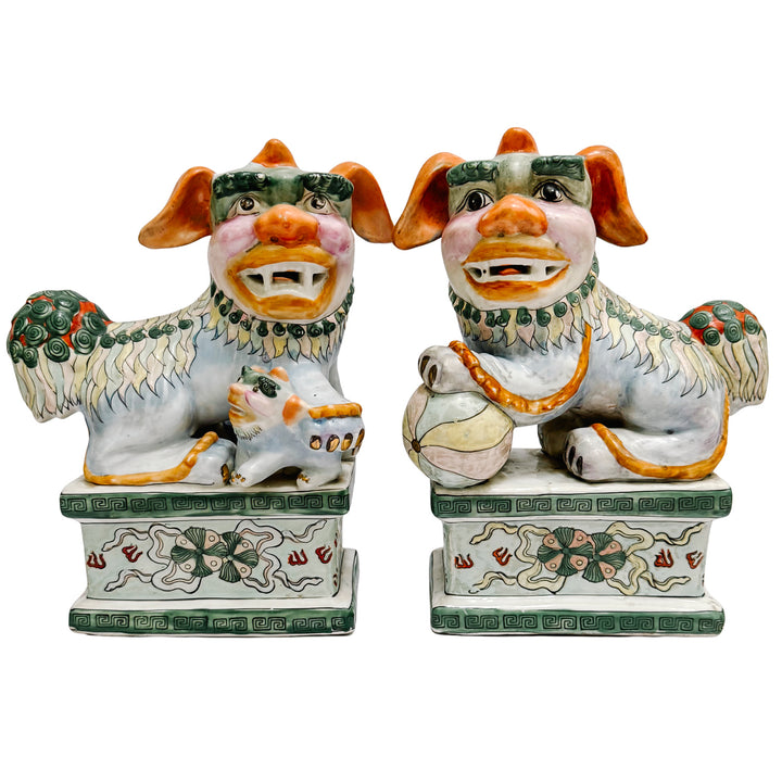 Vintage Chinese Famille Verte Style Glazed Ceramic Foo Dogs