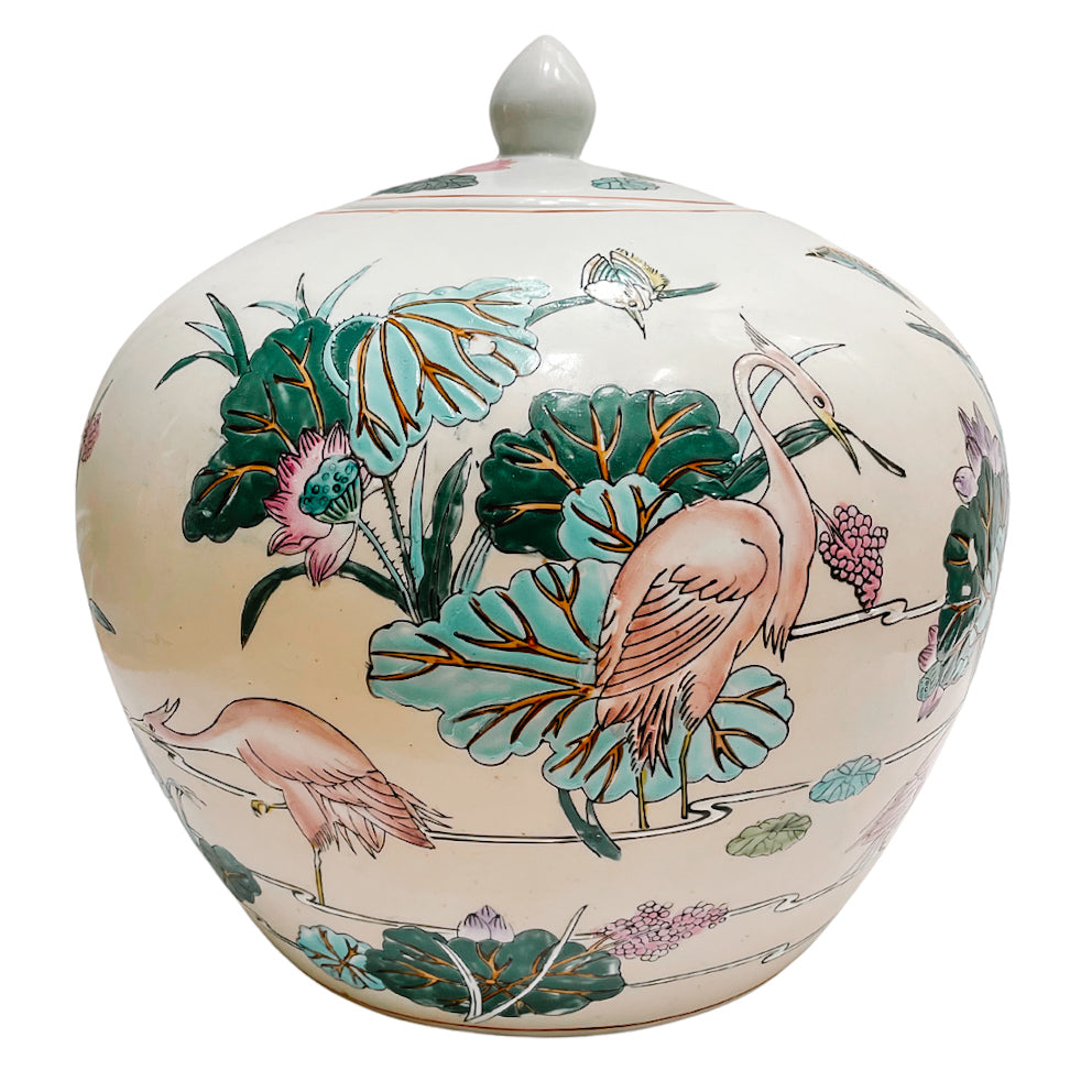 Vintage Chinese Ginger Jar With Cranes and Lotus Motif