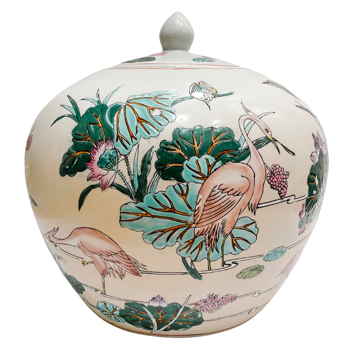 Vintage Chinese Ginger Jar With Cranes and Lotus Motif